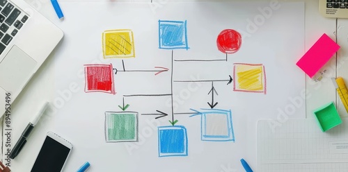 Colorful hand-drawn flowchart on a whiteboard surrounded by office supplies, representing project planning and organization.