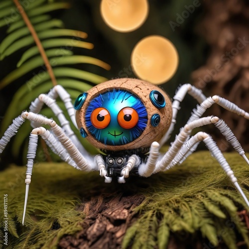 Araña robotica sonriendo en un bosque. Patas blancas, cuerpo que simula la textura d euun corcho. Ojos expresivos y sonrisa. 