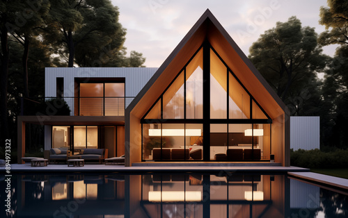 house in the woods, modern house, architecture, design, glass windows, A-frame roof, twilight, outdoor pool, contemporary, residential, natural light