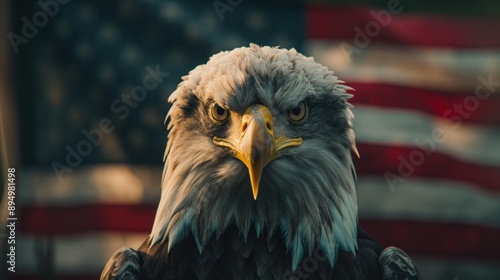 Portrait of an American Eagle against an American flag