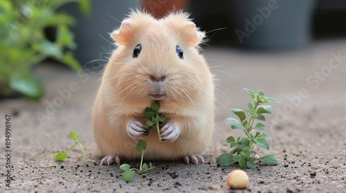 Grower creating a herb garden, taking breaks to provide pet care to their guinea pig nibbling on fresh greens