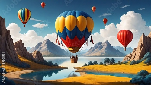 Paisaje de montañas con globos aerostáticos en el fondo, colores primarios, creativo, divertido, impresionante, lleno de vida, para reflexionar o meditar