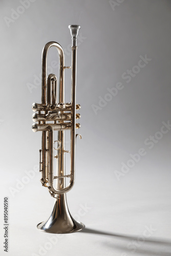 Shiny trumpet on light grey background. Wind musical instrument