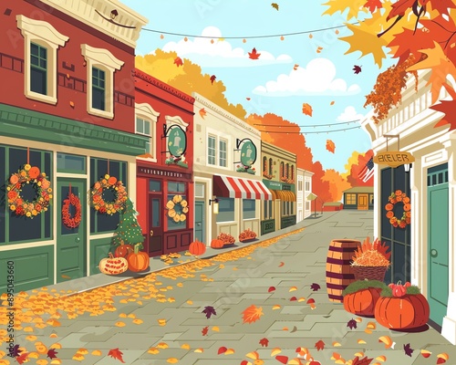 Charming Autumn Town Street, Cozy Shops, Falling Leaves