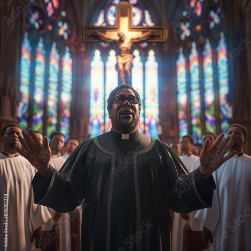 A minister preaching a sermon from the pulpit of his church with the choir and stain glass window in the background.