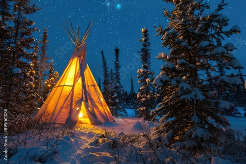 Indigenous Canada. Glowing Tipi in Snowy Forest under Northern Lights in Yellowknife, Northwest Territories