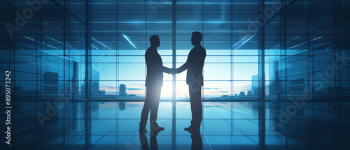 Confident businessmen shaking hands outside a corporate building, symbolizing partnership