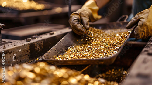 A worker handling trays of gold flakes in a processing facility, illustrating the process of refining precious metals.