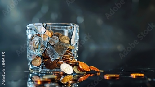 artistic representation of a budget deficit shown as a cracked glass container leaking coins, set on a reflective dark surface