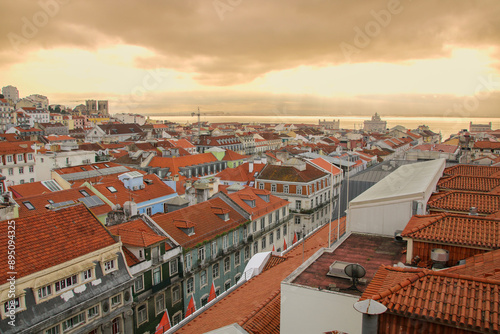 Santa Justa Lift, Cast iron elevator with watermarks built in 1902 to connect the lower streets with Plaça de Carmo. With beautiful views of the entire city Lisbon, Portugal.