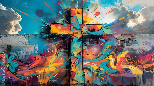 Emotive Easter cross graffiti artwork, viewed from a distance to capture the entire scene. The dynamic, bold spray paint strokes embody the raw power of street art, graffiti