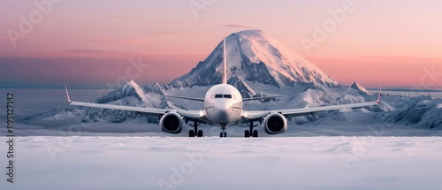  A large jetliner rests on an airport tarmac beside a snow-covered mountain, its peak blanketed with snow