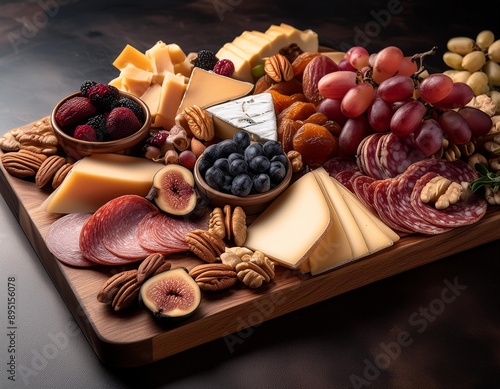 A beautifully arranged charcuterie board with an assortment of cheeses, cured meats, fruits