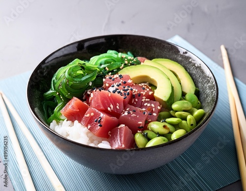 A bowl of colorful poke with fresh tuna, avocado, seaweed, edamame, and sesame seeds over