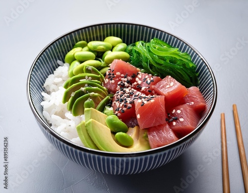 A bowl of colorful poke with fresh tuna, avocado, seaweed, edamame, and sesame seeds over