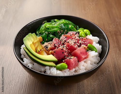 A bowl of colorful poke with fresh tuna, avocado, seaweed, edamame, and sesame seeds over