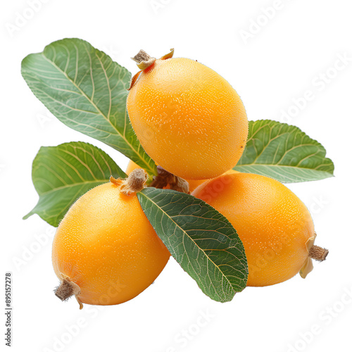 [Transparent Background PNG]Three ripe loquats with green leaves isolated on white background