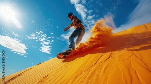 Sandboarding in Desert Thrill A sandboarder gliding down a steep dune in the desert