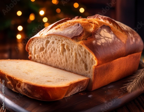 A rustic loaf of bread, golden and crusty on the outside, sliced to reveal a soft, airy crum