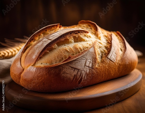 A rustic loaf of bread, golden and crusty on the outside, sliced to reveal a soft, airy crum