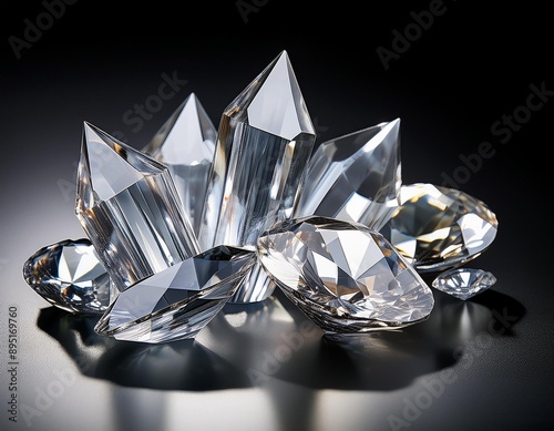 Glittering, faceted crystals with sharp edges and reflective surfaces.