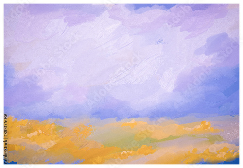  Impressionistic Digital Painting or Art-Landscape of Orange & Yellow Flowers in Bloom in a Meadow, Field, Pasture or Grassland w/Clouds Overhead w/ Paint & Canvas Texture in, Blue, Yellow & Orange