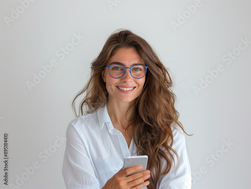 Femme de 30 ou 40 ans, en chemise blanche, regarde en souriant son smartphone, fond blanc, personnage pour publicité, site web, démo d'application ou de logiciel, tech et IT B2B