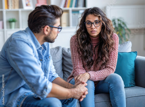 A woman is talking to her psychologist or therapist. She has a worried look on her face.