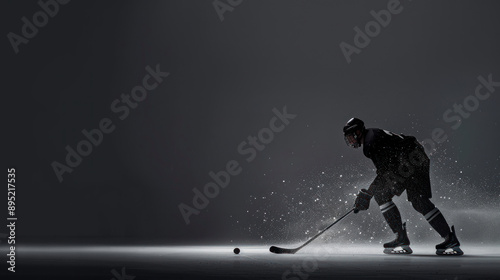 A hockey player skating swiftly on the ice, controlling the puck theme ice hockey game, side view conveying speed and agility advanced tone, black and white