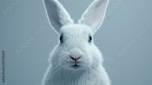 A close-up image of a white rabbit with clear, sharp details on a transparent background. The rabbit's ears are prominently displayed, and its expressive eyes are visible.