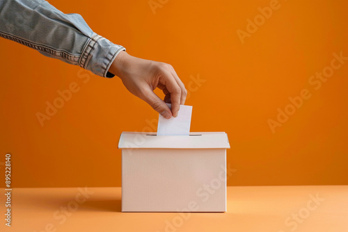 "Voting in Elections: Hand Casting Ballot in Box with Orange Background"