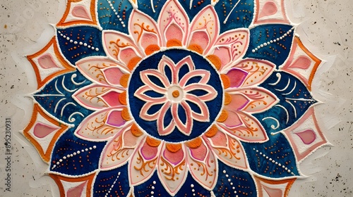 Radial floral rangoli design with vibrant blue and green hues