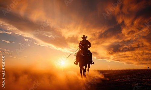 Cowboy Riding Horse in Rodeo Arena Under Spotlights Kicking Up Dust