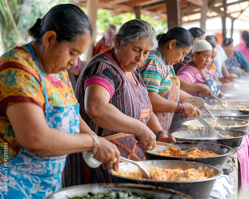 Indigenous Women Cooking Together in a Communal Setting – Traditional Clothing and Cultural Heritage