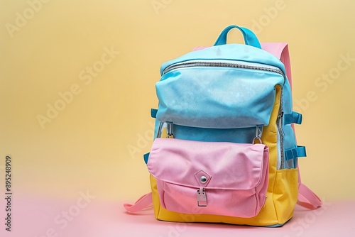 School backpack in pastel colors. Back to school, education concept. Ready to school theme, schoolbag on solid pastel studio background. Generative AI.