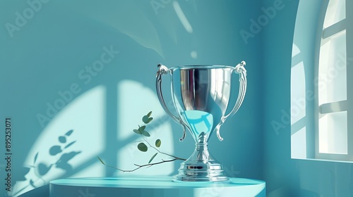 Silver Trophy on Blue Table 