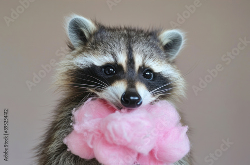 Cute raccoon eating cotton candy close-up on a light background