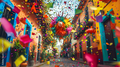 piñata colgada entre las calles de un pueblo mexicano casas pintorescas y coloridas piñata y confeti colorido decorando las calles