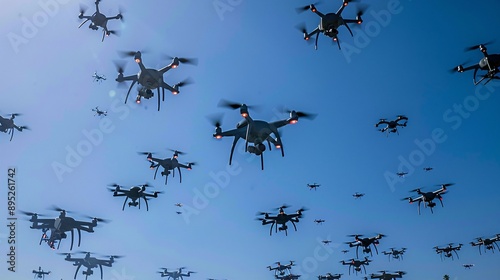 A swarm of drones flying in formation against a clear blue sky, demonstrating the increasing use of unmanned aerial vehicles for coordinated photography and data collection.