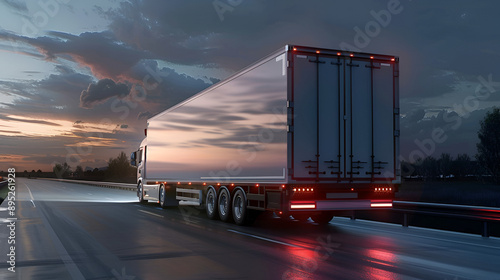 trailer o camion industrial de carga pesada manejando y conduciendo por la carretera en la noche camion de carga en movimiento contenedores industriales