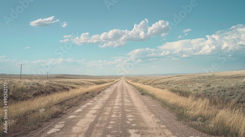 A deserted road disappearing into the distance, with nothing but vast plains and a big sky in view, evoking a sense of freedom, adventure, and the open road, aerial road