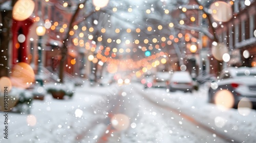 This beautiful image shows a snowy main street adorned with decorative lights, capturing a festive and vibrant atmosphere of a winter evening in town.