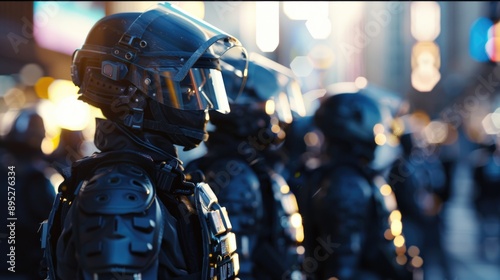 A group of police officers standing in a uniform line, ready for duty or patrol