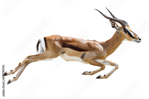 Elegant Gazelle: A captivating gazelle in mid-leap against a white background.