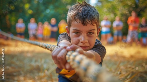 A young boy is manually pulling a rope with his hands, likely for a purpose such as lifting or hauling