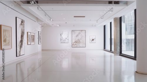 An expansive, well-lit art gallery featuring an array of framed abstract paintings adorning white walls, fostering a spacious and serene environment for art enthusiasts.