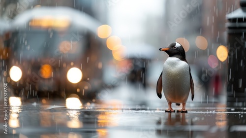 A lone penguin stands on a wet street in the rain, highlighting solitude, resilience, and an unexpected juxtaposition against the backdrop of an urban environment.