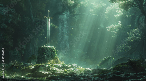 Majestic Scene of King Arthur's Legendary Sword Excalibur Embedded in a Mystical Stone in an Ancient Forest with Ethereal Light Digital Photography