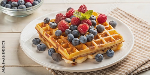 Delicious Belgian Liege waffles topped with a mix of fresh berries including blueberries, Athens raspberries