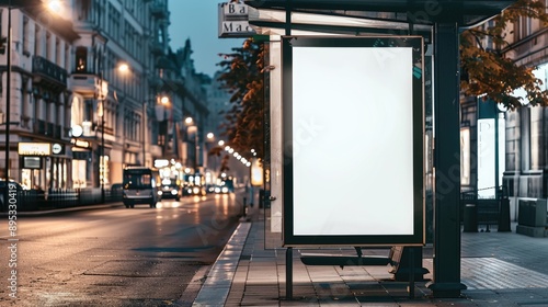 Blank advertising poster mockup template on an empty bus stop by the road